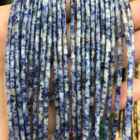 Perles tubulaires en jaspe bleu tacheté 2x4 mm 15''