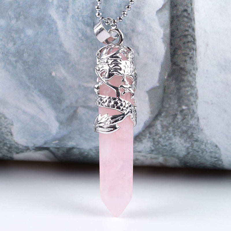 Dragon Tribe Totem Crystal Quartz Hexagonal Prism Pendant Necklace 18''