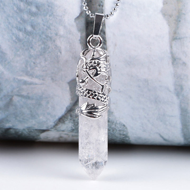 Dragon Tribe Totem Crystal Quartz Hexagonal Prism Pendant Necklace 18''