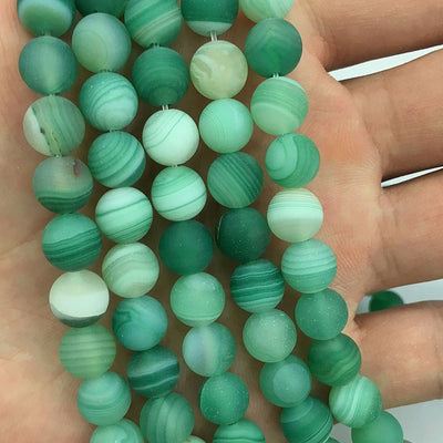 Perles d'agate mate à rayures vertes 6 mm, 8 mm, 10 mm, 12 mm, 15 pouces