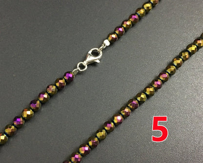 Collier en hématite violet et or, fermoir en argent 925, 3 mm, 4 mm, 76 cm
