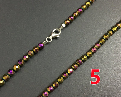Purple Gold Hematite Necklace 925 Silver Clasp Necklace 3mm 4mm 30''