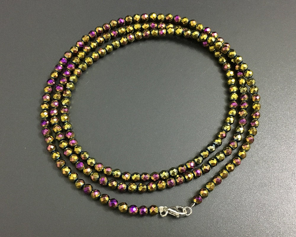 Collier en hématite violet et or, fermoir en argent 925, 3 mm, 4 mm, 76 cm