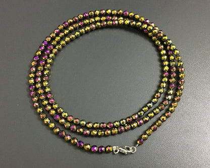 Collier en hématite violet et or, fermoir en argent 925, 3 mm, 4 mm, 76 cm