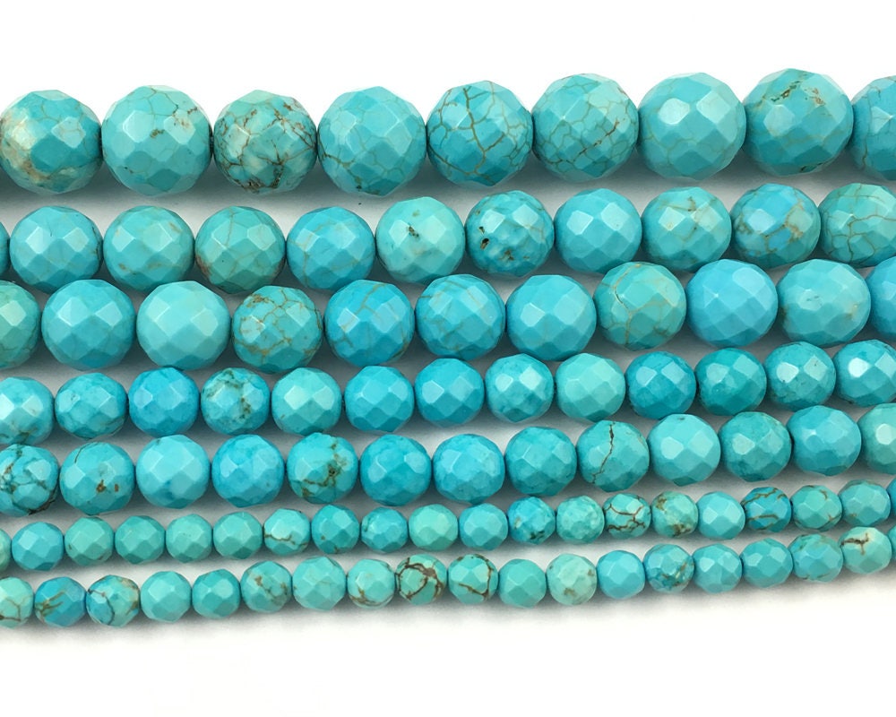 Perles à facettes en howlite bleue 4 mm, 6 mm, 8 mm, 10 mm, 12 mm, 15 pouces