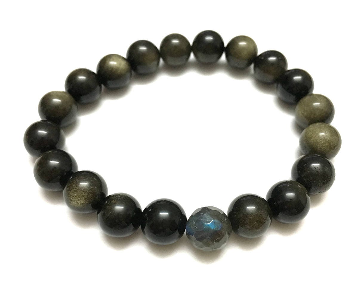 Labradorite Bracelet, Gold Obsidian Bracelet 10mm 8''