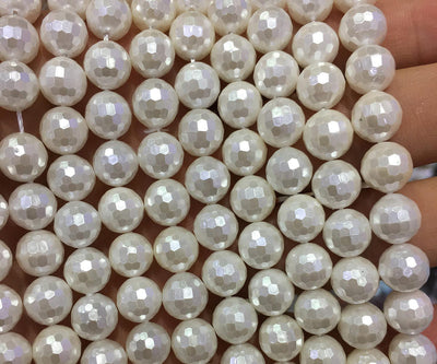 White Shell Pearl Faceted Beads 6mm 8mm 10mm 12mm 15'' Strand