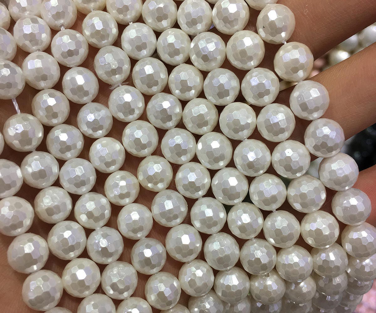 White Shell Pearl Faceted Beads 6mm 8mm 10mm 12mm 15'' Strand