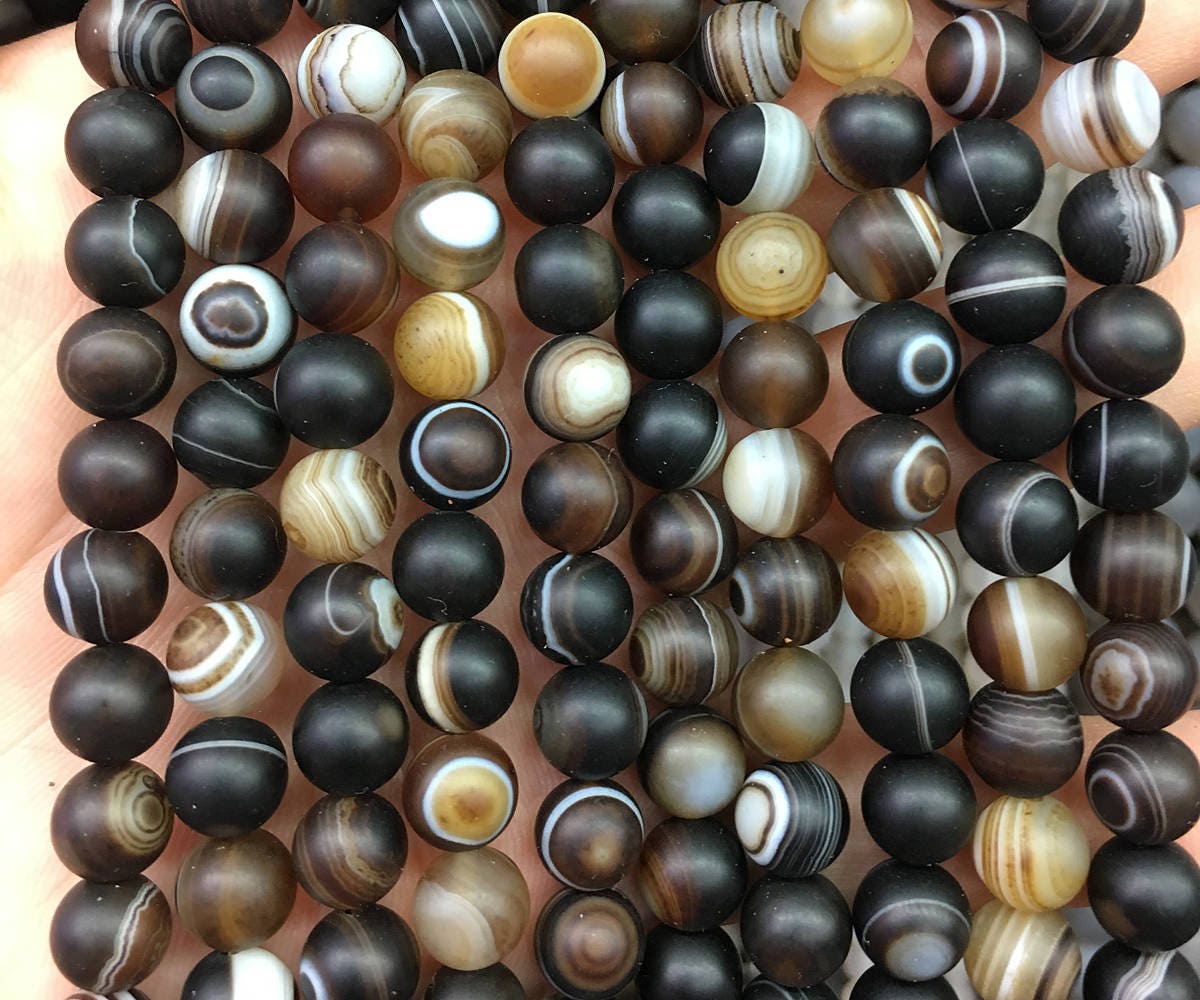 8mm Brown Striped Agate Matte Beads 15''