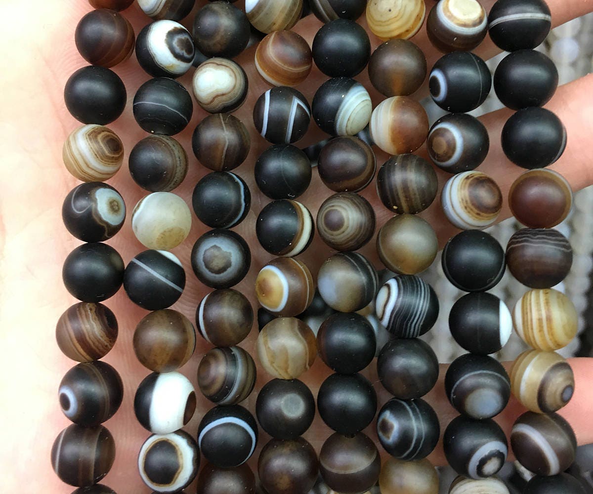 8mm Brown Striped Agate Matte Beads 15''