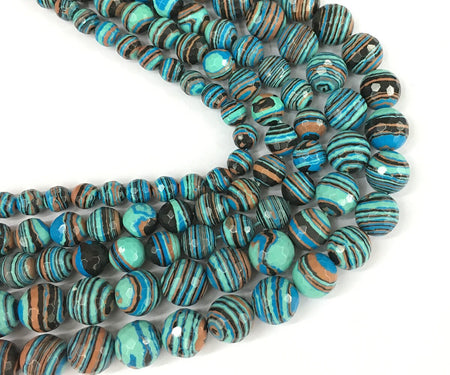 Perles à facettes en malachite rayée bleue 4 mm 6 mm 8 mm 10 mm 12 mm 15''