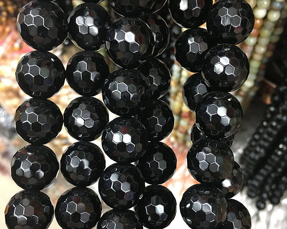 Black Onyx Faceted Beads Natural Gemstone Beads  4mm 6mm 8mm 10mm 12mm 14mm 15''