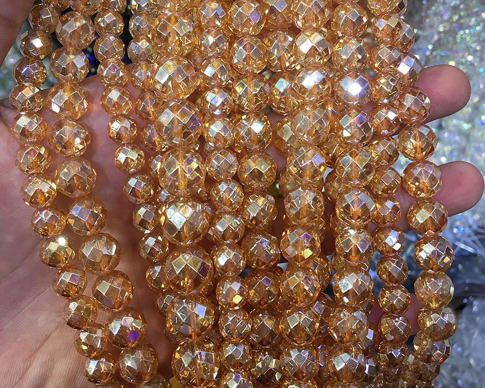Perles à facettes en cristal de quartz plaqué champagne 6 mm 8 mm 10 mm 15''