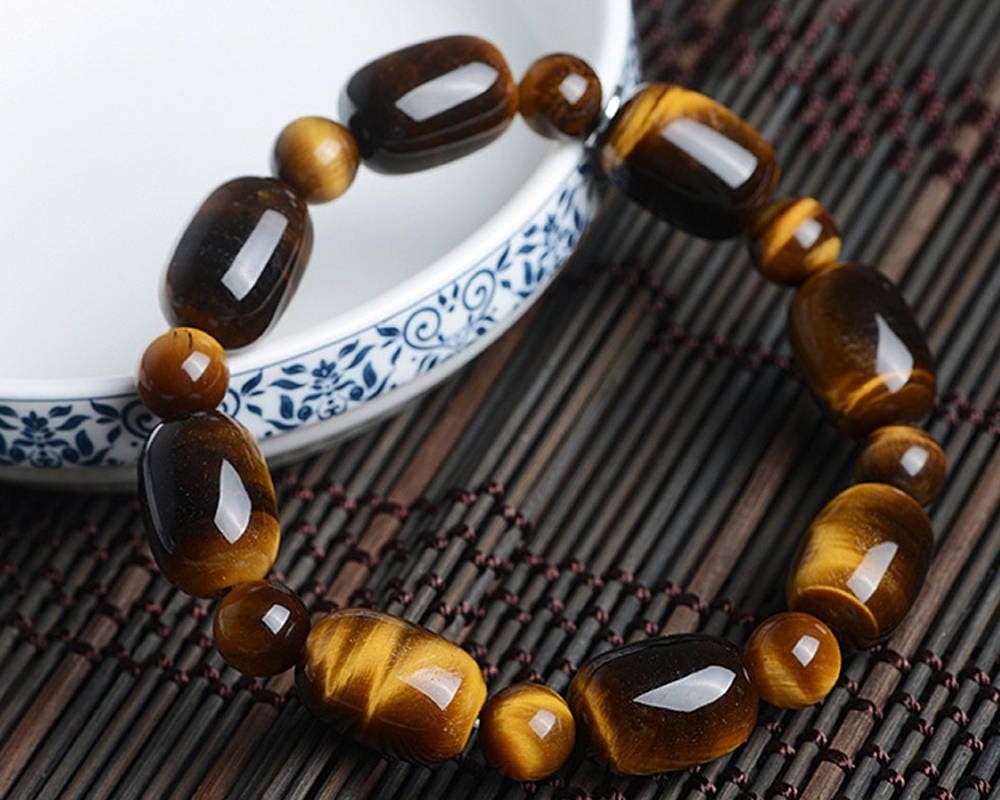 Yellow Tiger Eye Bracelet Natural Stone Beads Bracelet 7.5''