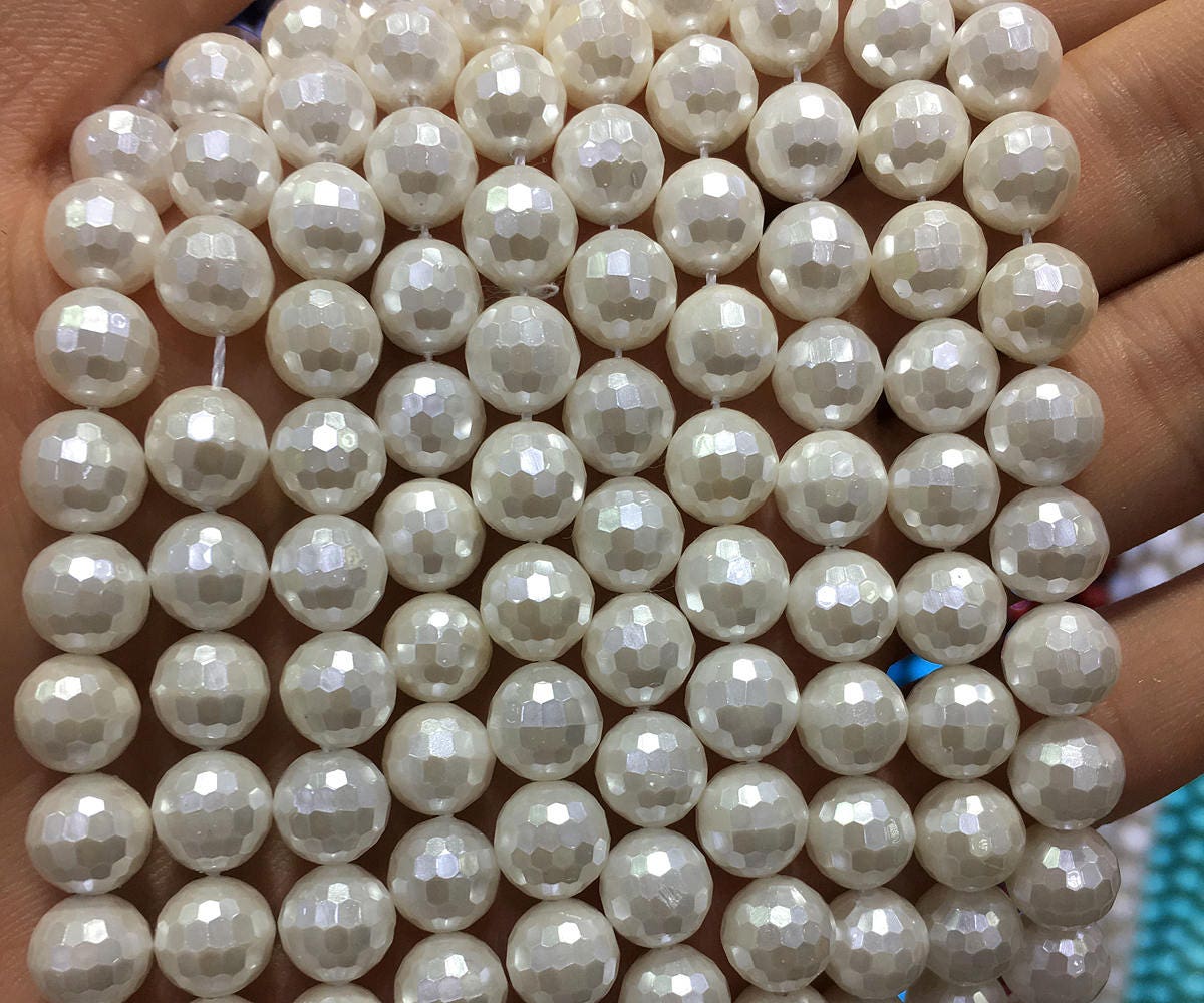 White Shell Pearl Faceted Beads 6mm 8mm 10mm 12mm 15'' Strand