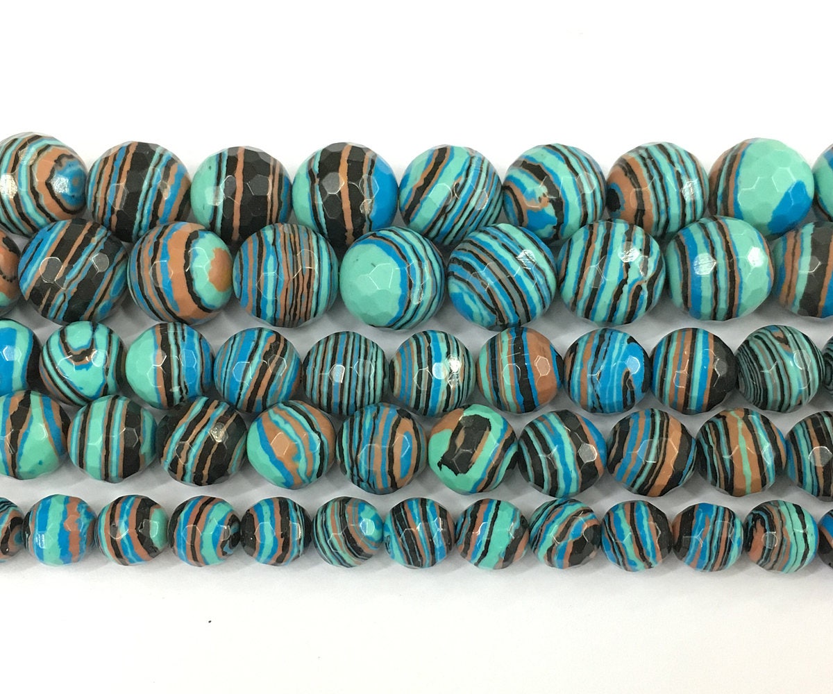 Blue Striped Malachite Faceted Beads 4mm 6mm 8mm 10mm 12mm 15''