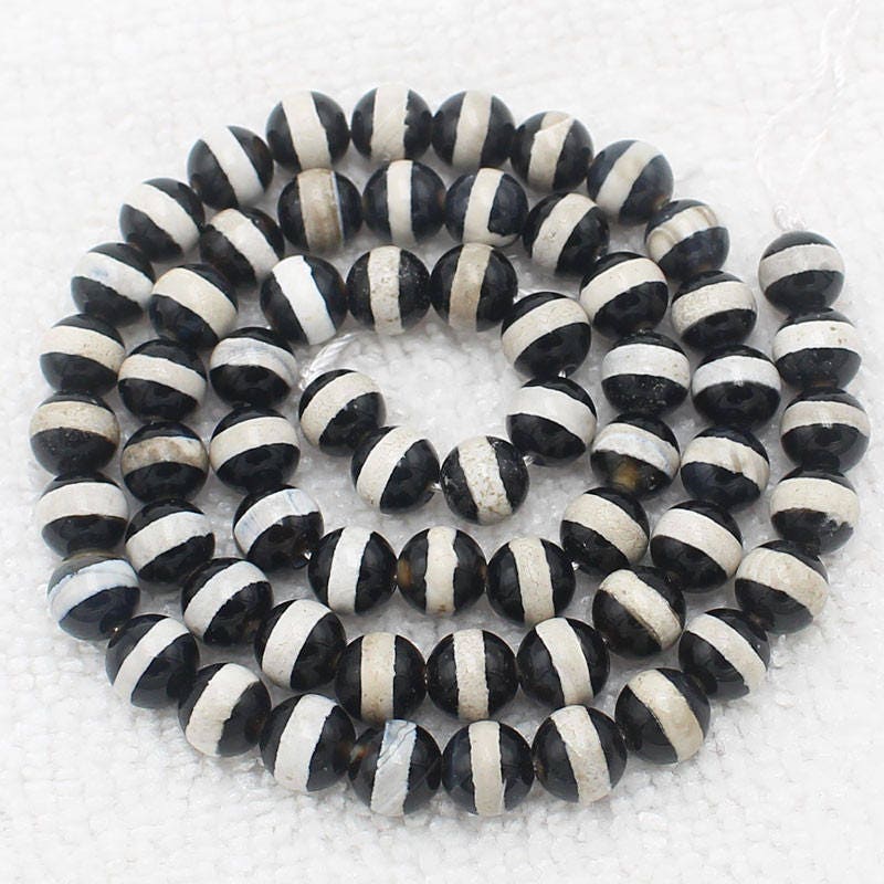 White Stripe Black Onyx Beads Natural Gemstone Beads 6mm 8mm 10mm 15''