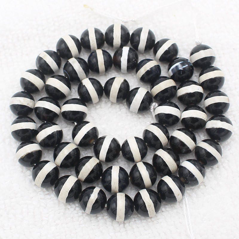 White Stripe Black Onyx Beads Natural Gemstone Beads 6mm 8mm 10mm 15''