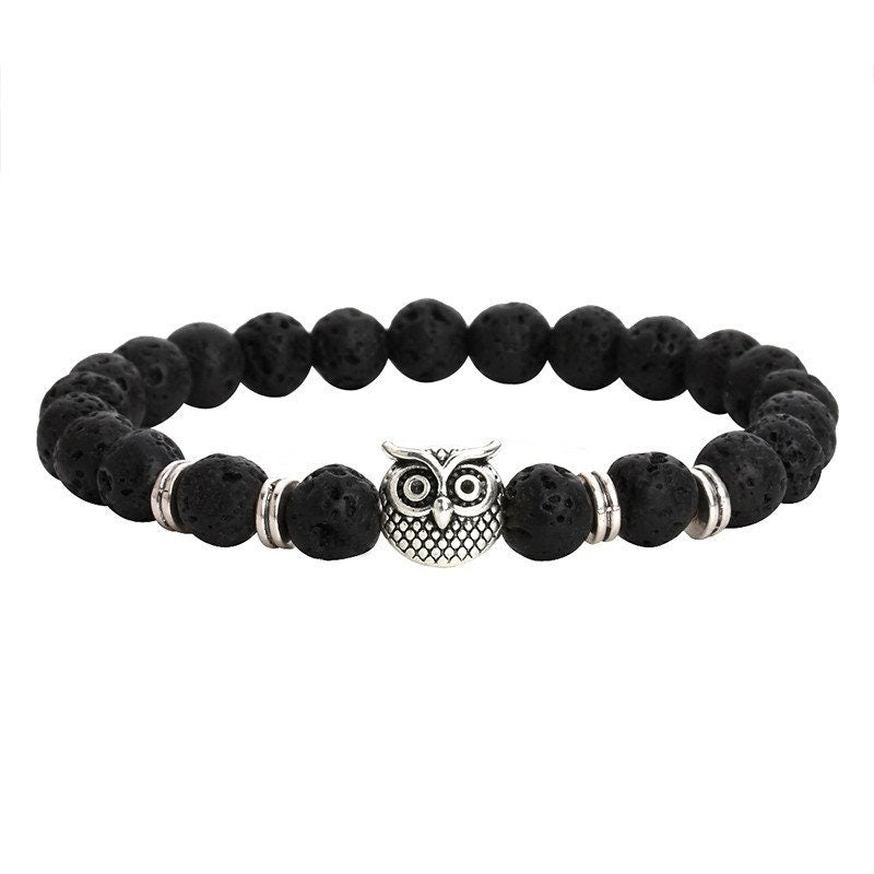 Bracelet en lave avec breloque tête de hibou animal 8 mm 7,5''