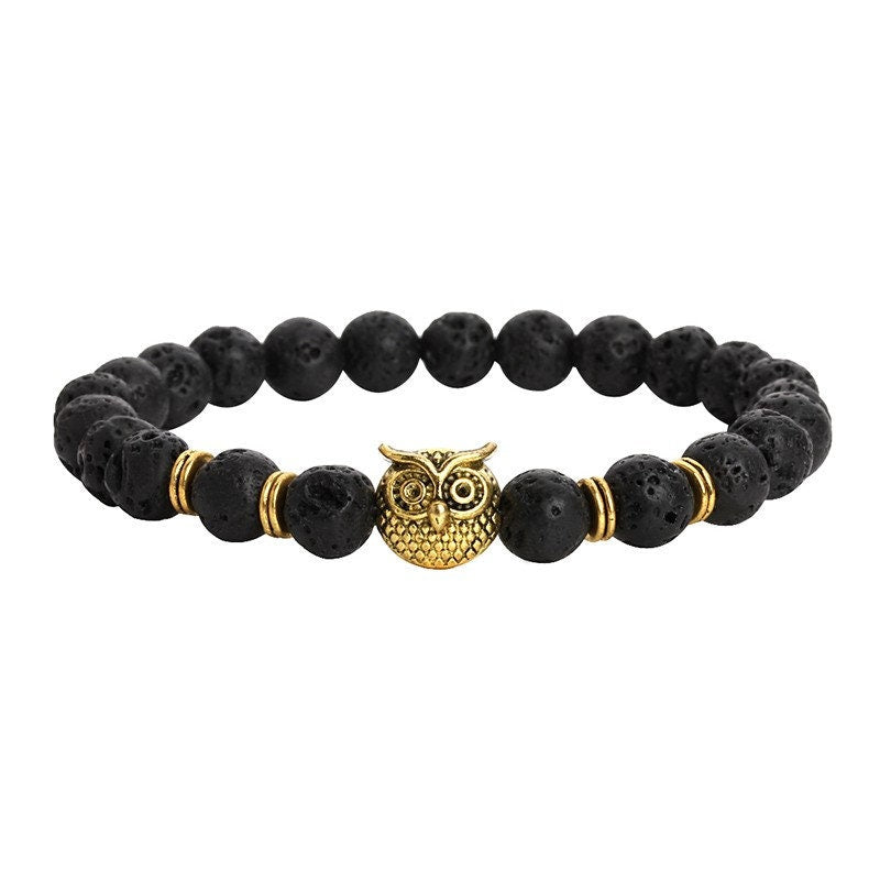 Bracelet en lave avec breloque tête de hibou animal 8 mm 7,5''