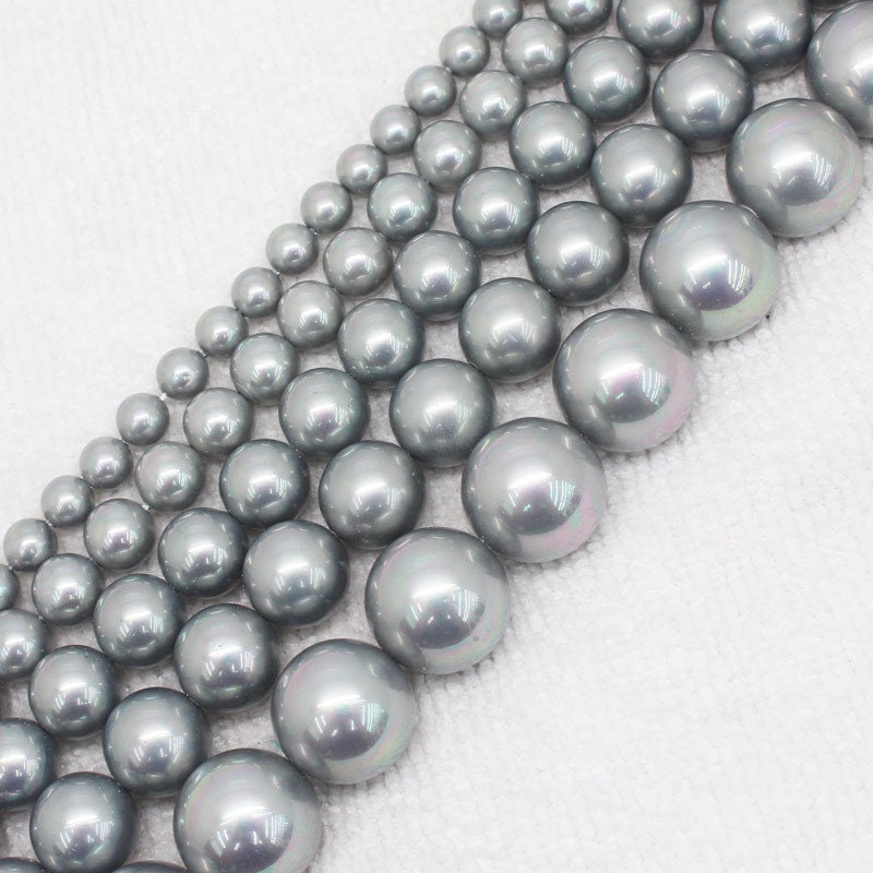 Perles de coquillage grises 6 mm, 8 mm, 10 mm, 12 mm, 14 mm, 15 pouces