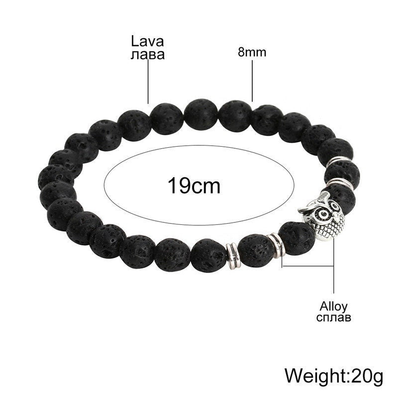 Bracelet en lave avec breloque tête de hibou animal 8 mm 7,5''