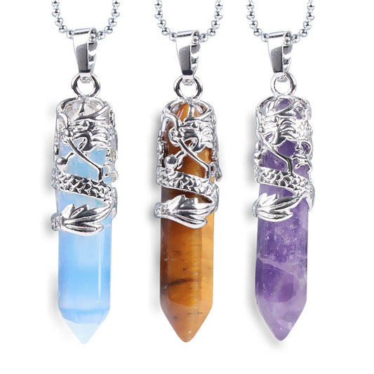 Dragon Tribe Totem Crystal Quartz Hexagonal Prism Pendant Necklace 18''