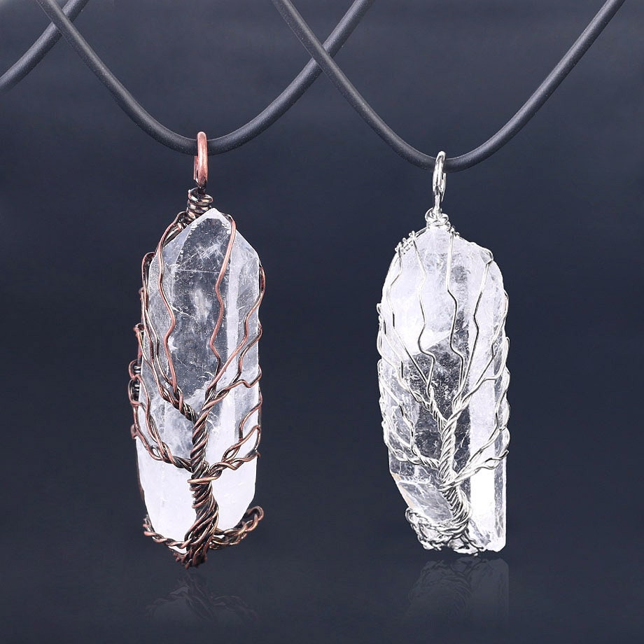 Crystal Pendant Antique Copper Wire Wrapped Tree of Life Quartz Pendant 1pc