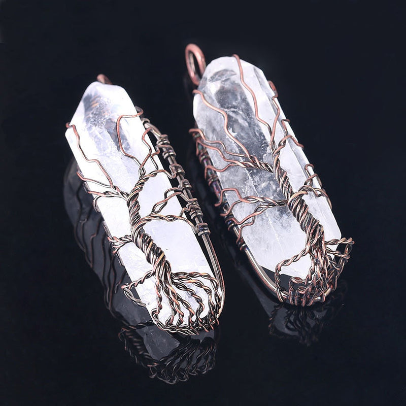 Crystal Pendant Antique Copper Wire Wrapped Tree of Life Quartz Pendant 1pc