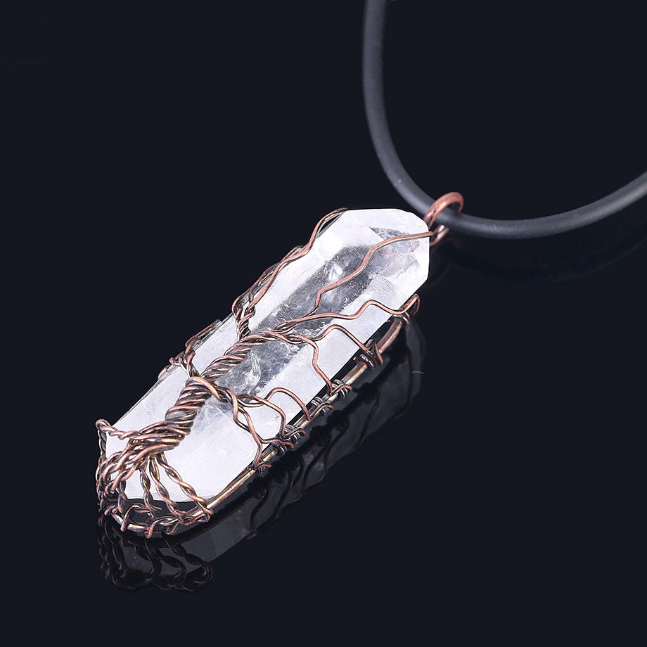 Crystal Pendant Antique Copper Wire Wrapped Tree of Life Quartz Pendant 1pc