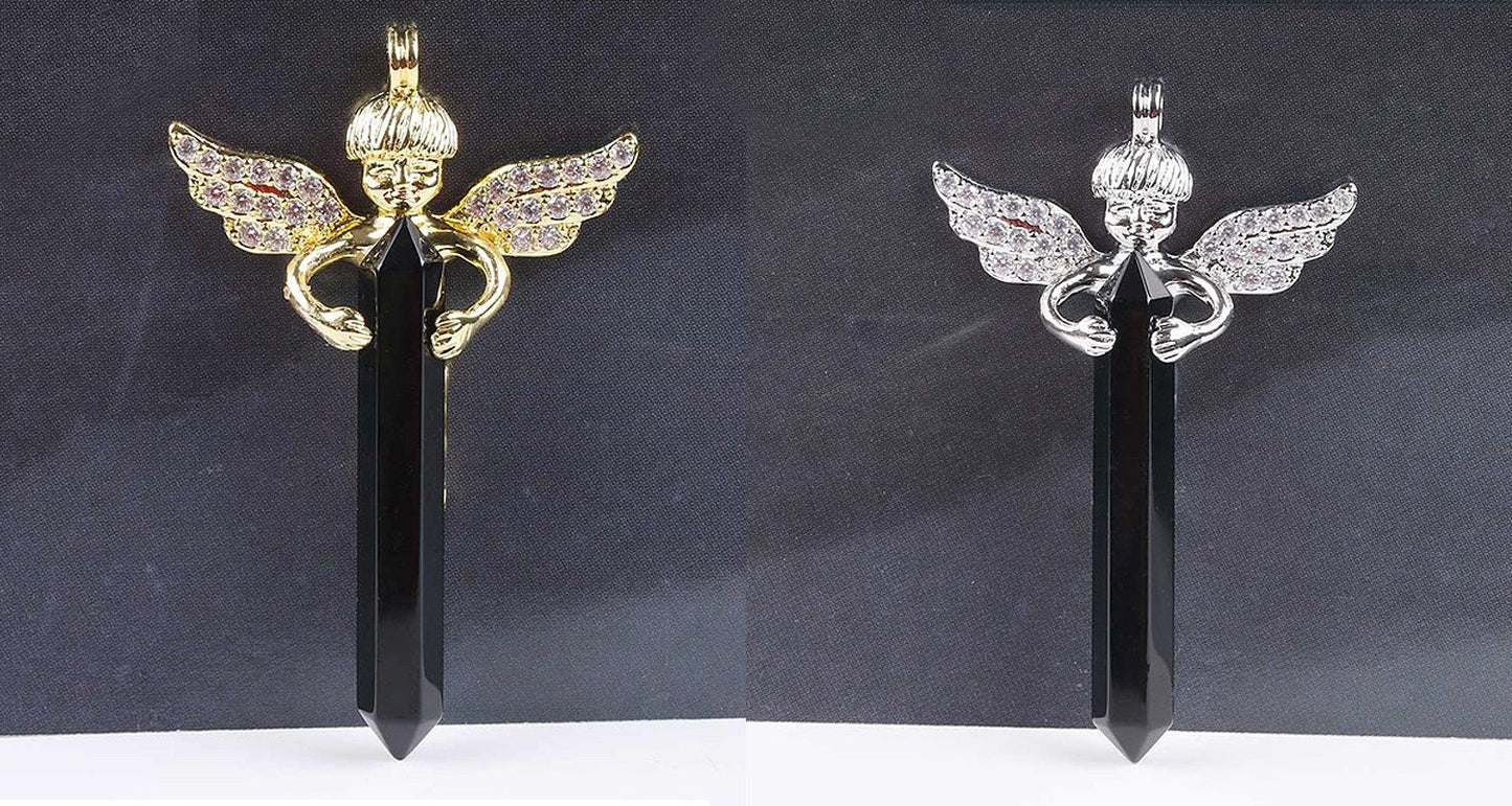 Gold Silver Long Sword Hexagonal Prism Cupid Angel Wings Pendants 1pc