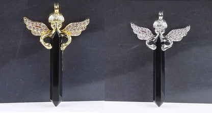Gold Silver Long Sword Hexagonal Prism Cupid Angel Wings Pendants 1pc