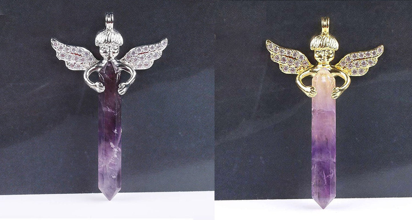 Gold Silver Long Sword Hexagonal Prism Cupid Angel Wings Pendants 1pc