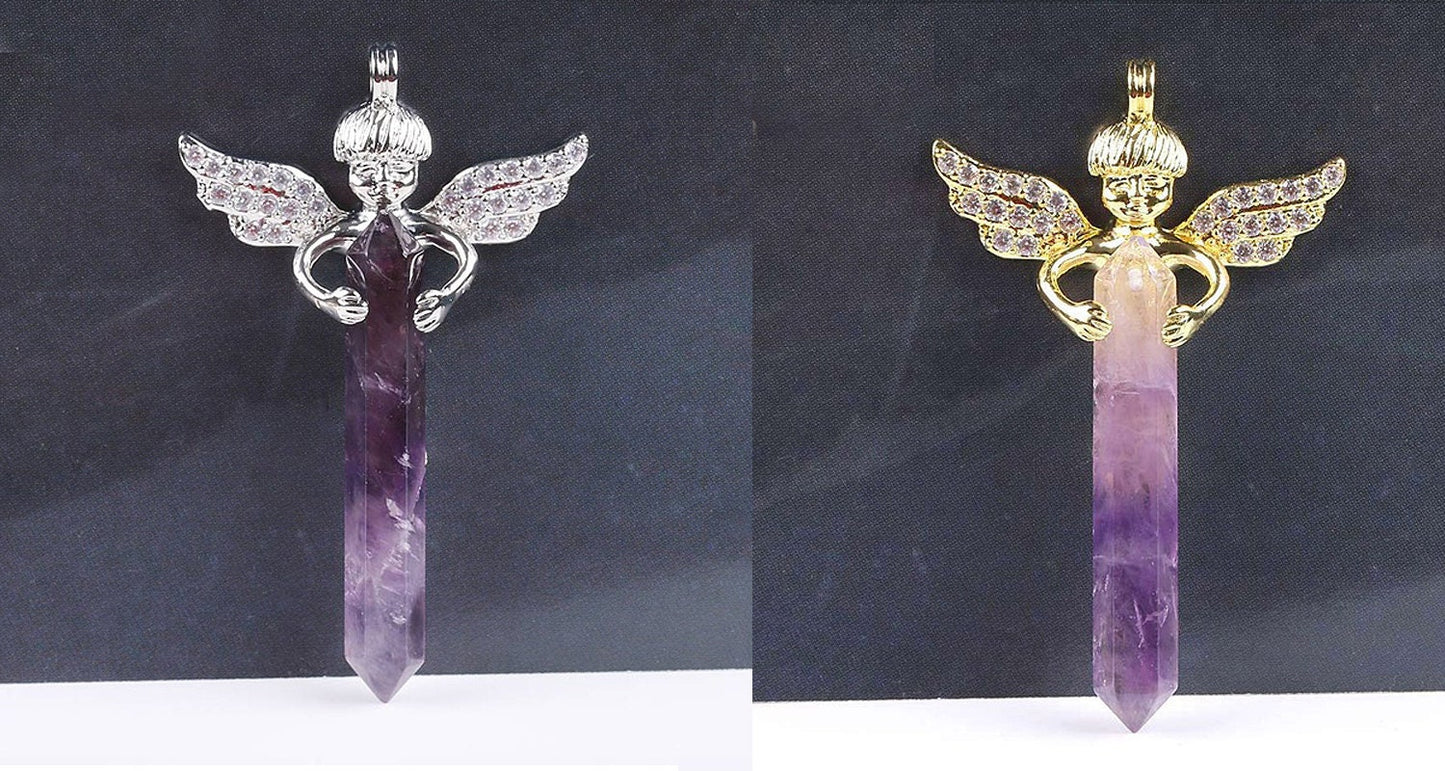 Gold Silver Long Sword Hexagonal Prism Cupid Angel Wings Pendants 1pc