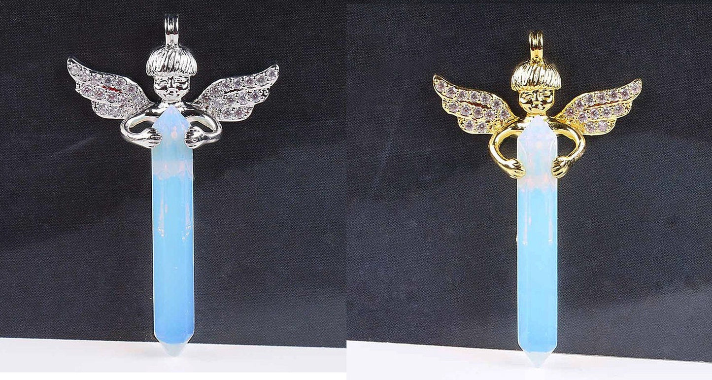 Gold Silver Long Sword Hexagonal Prism Cupid Angel Wings Pendants 1pc