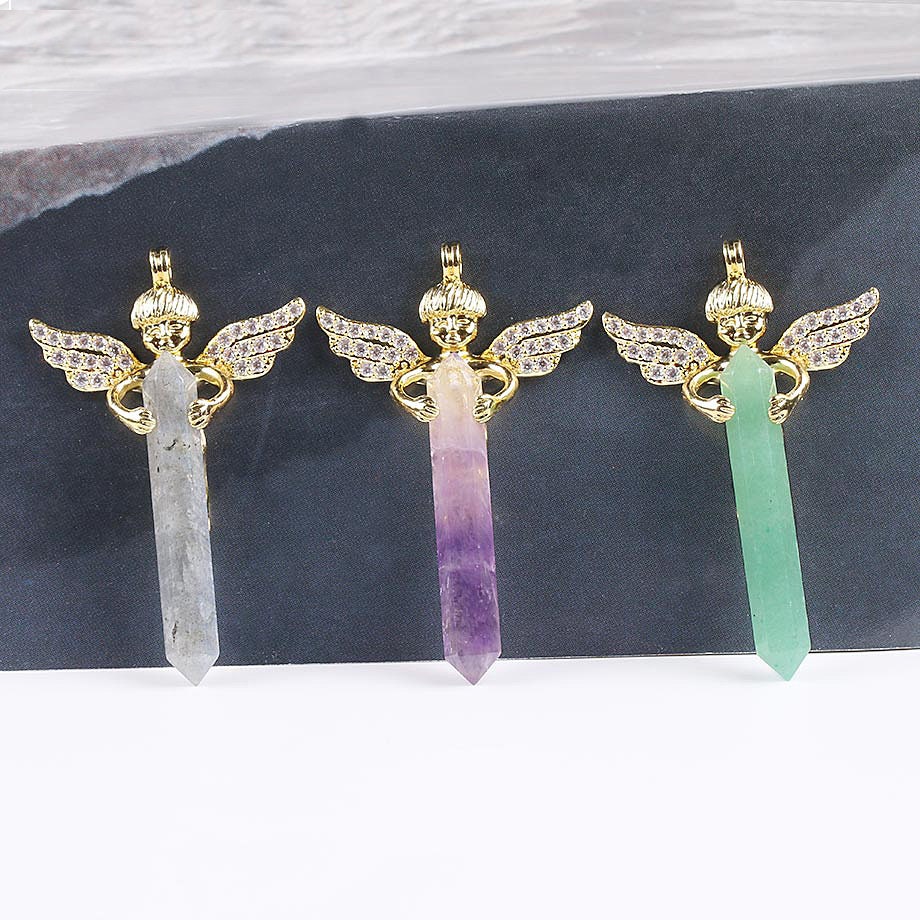 Gold Silver Long Sword Hexagonal Prism Cupid Angel Wings Pendants 1pc