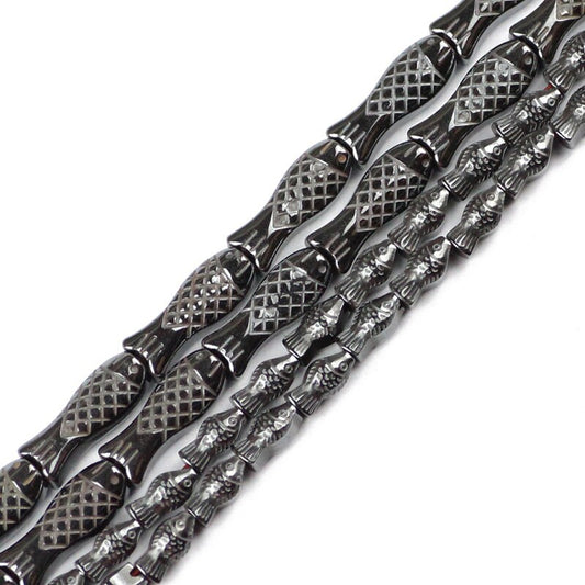 Hematite Fish Carved Beads 4x8mm 6x16mm 15''