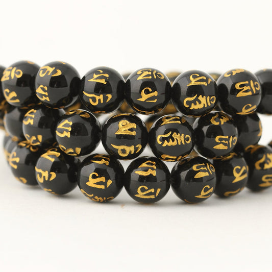 Gold Plated Carved Black Onyx Beads Natural Gemstone Beads 6mm 8mm 10mm 12mm 14mm 15''