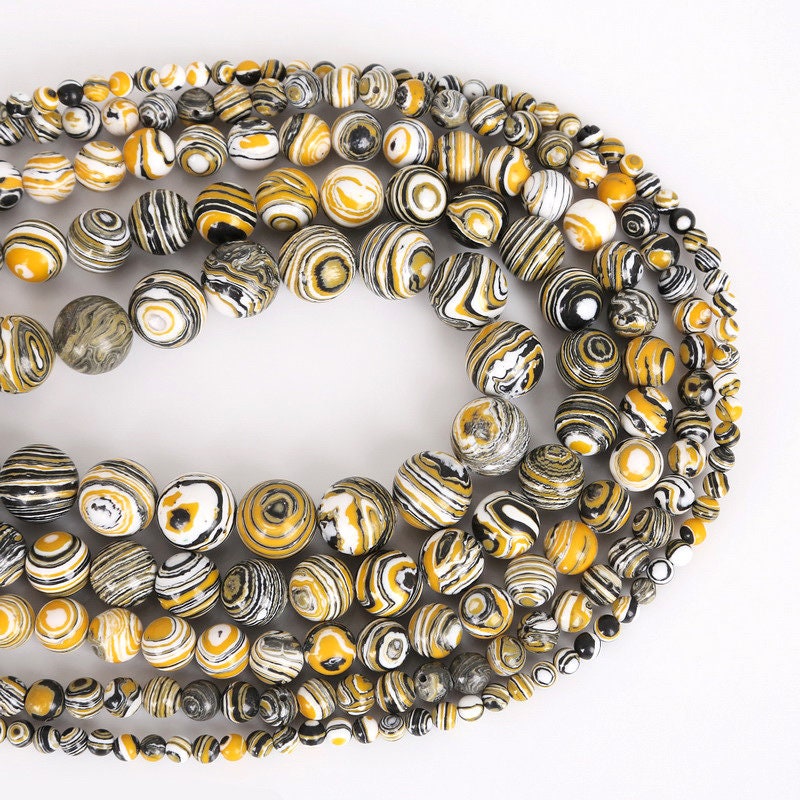 Perles de malachite jaune, noire et blanche 4 mm, 6 mm, 8 mm, 10 mm, 12 mm, 15 pouces