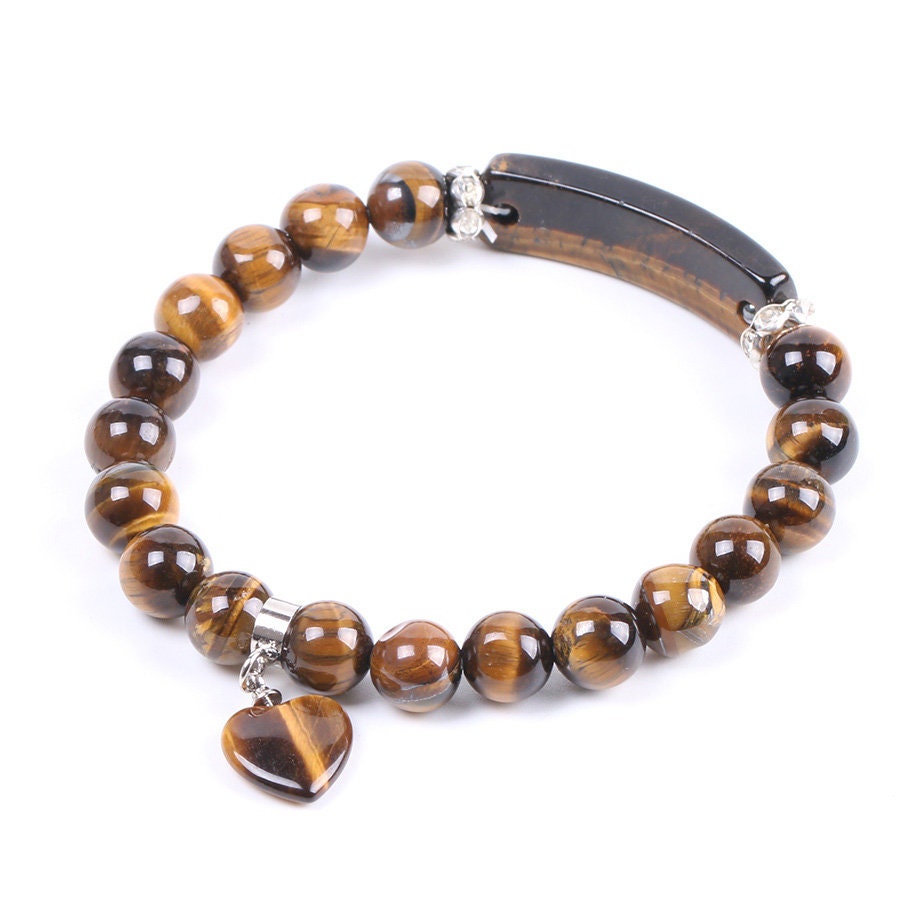 Yellow Tiger Eye Heart Pendant Bracelet 8mm 7''