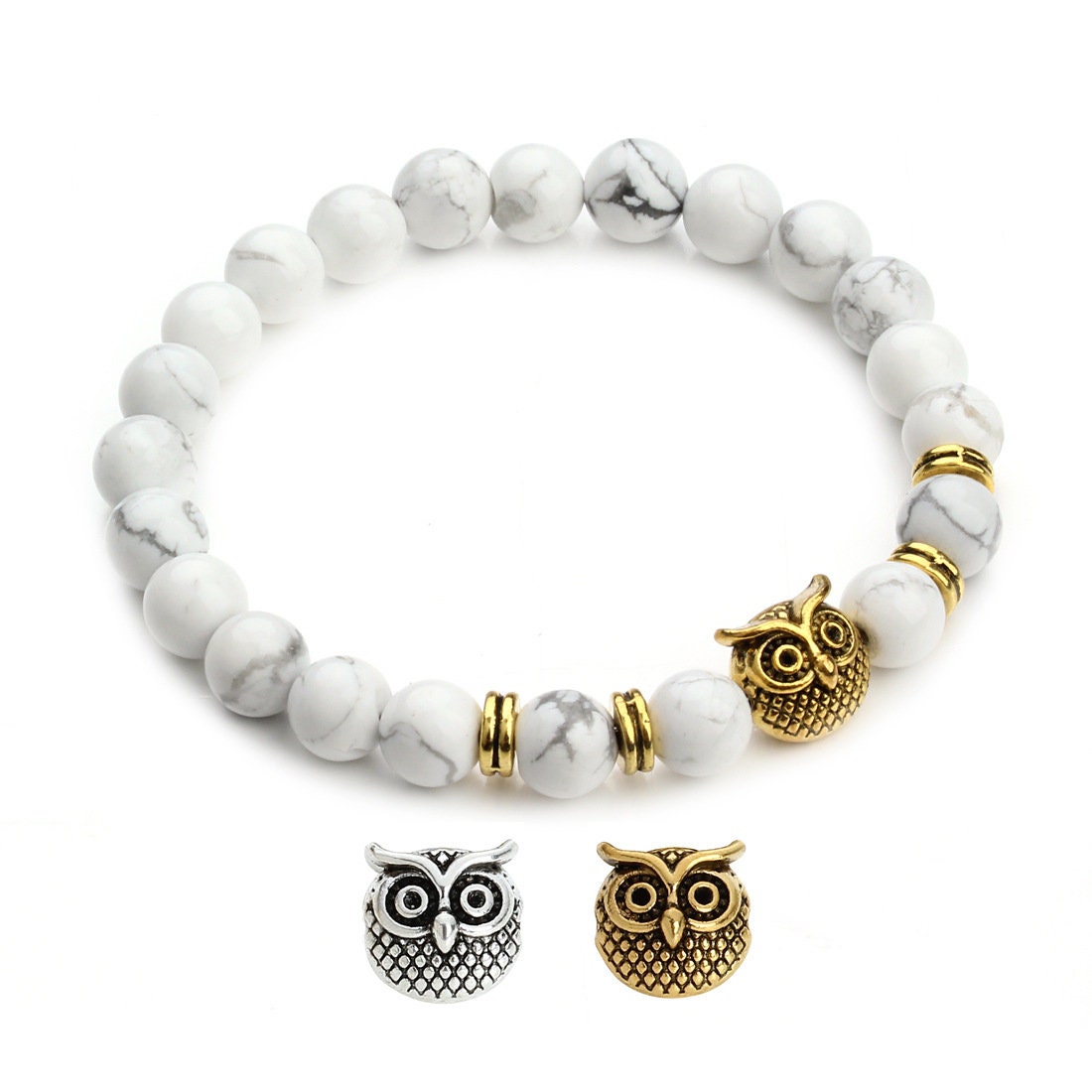 Howlite Animal Owl Head Bracelets 8mm 8''