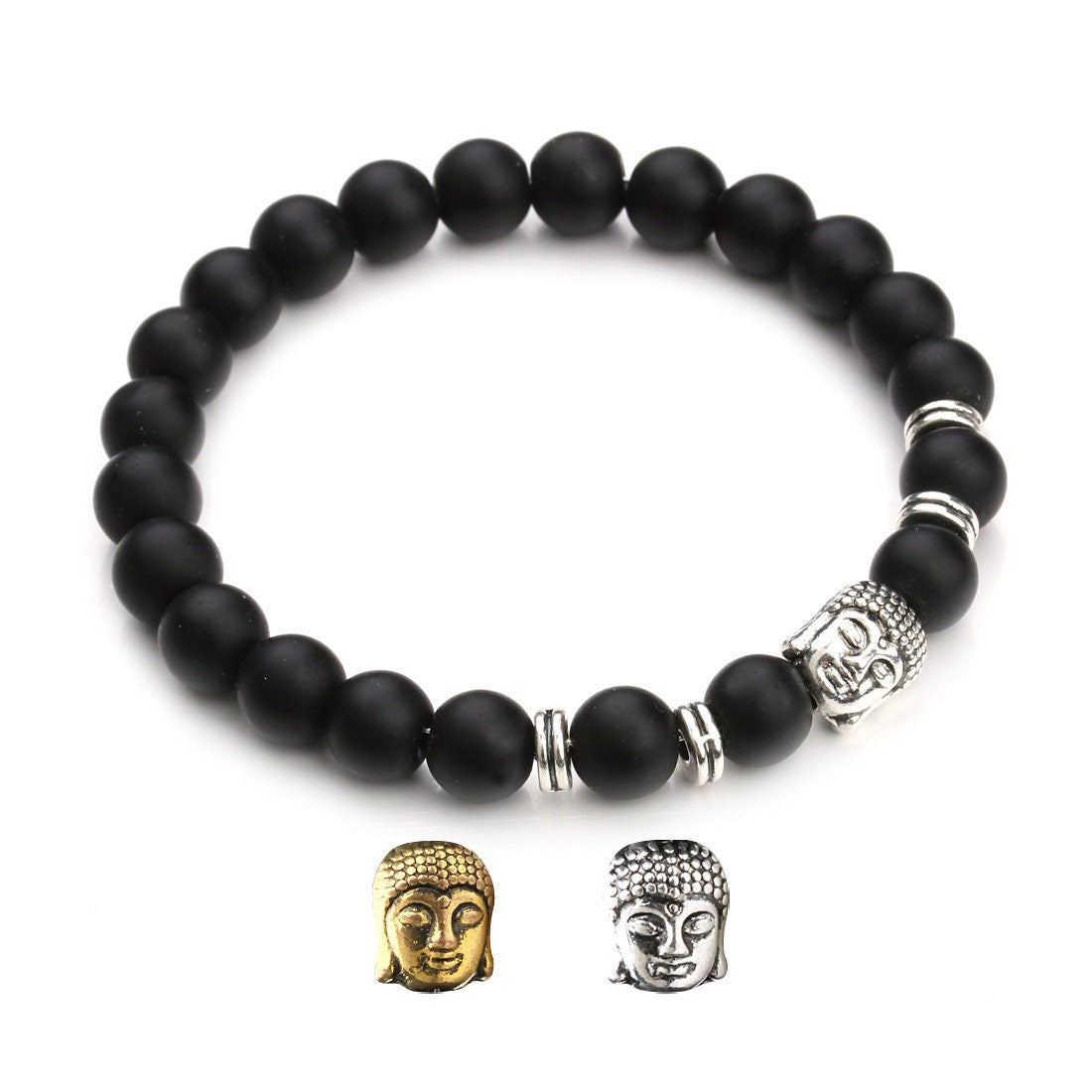 Matte Onyx Bracelet Silver Gold Buddha Bracelet 8mm 8''