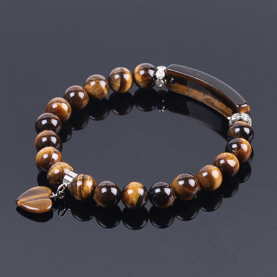 Yellow Tiger Eye Heart Pendant Bracelet 8mm 7''