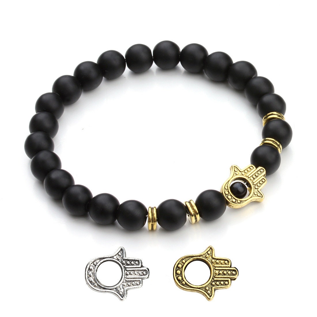 Matte Onyx Bracelet Charm Palm Bracelet 8mm 8''