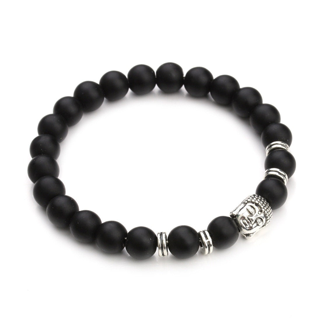 Matte Onyx Bracelet Silver Gold Buddha Bracelet 8mm 8''