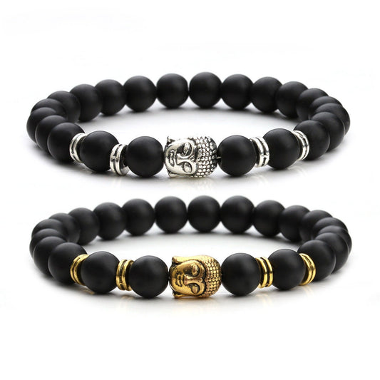 Matte Onyx Bracelet Silver Gold Buddha Bracelet 8mm 8''