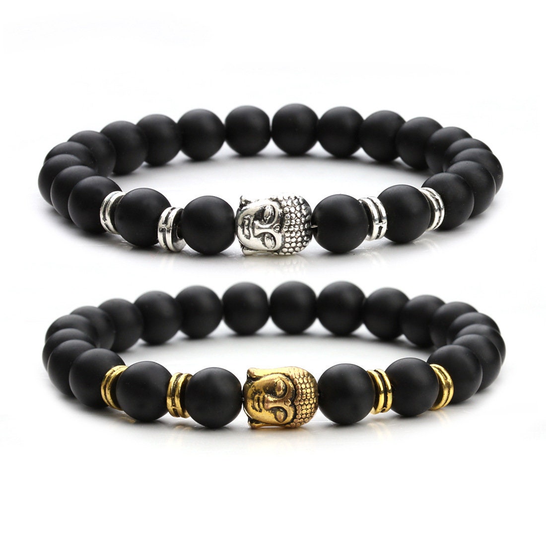 Mat Onyx Armbånd Sølv Guld Buddha Armbånd 8mm 8''