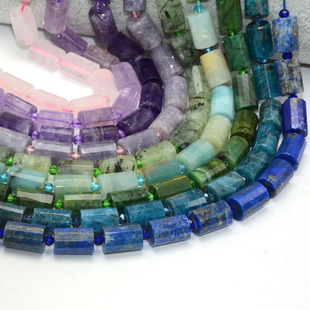 Natural Stone Beads Faceted Tube Beads Amethyst, Amazolite, Sunstone, Lapis Lazuli 10x14mm