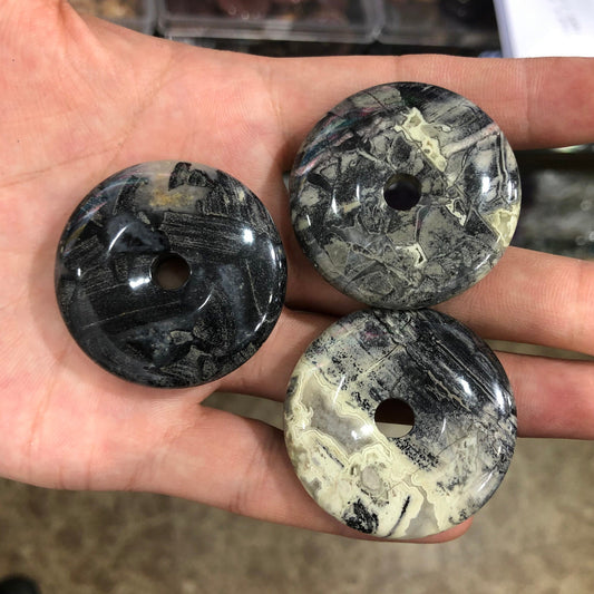 Black Leaf Jasper Pendant  25mm 40mm Donut Pendant 1pc