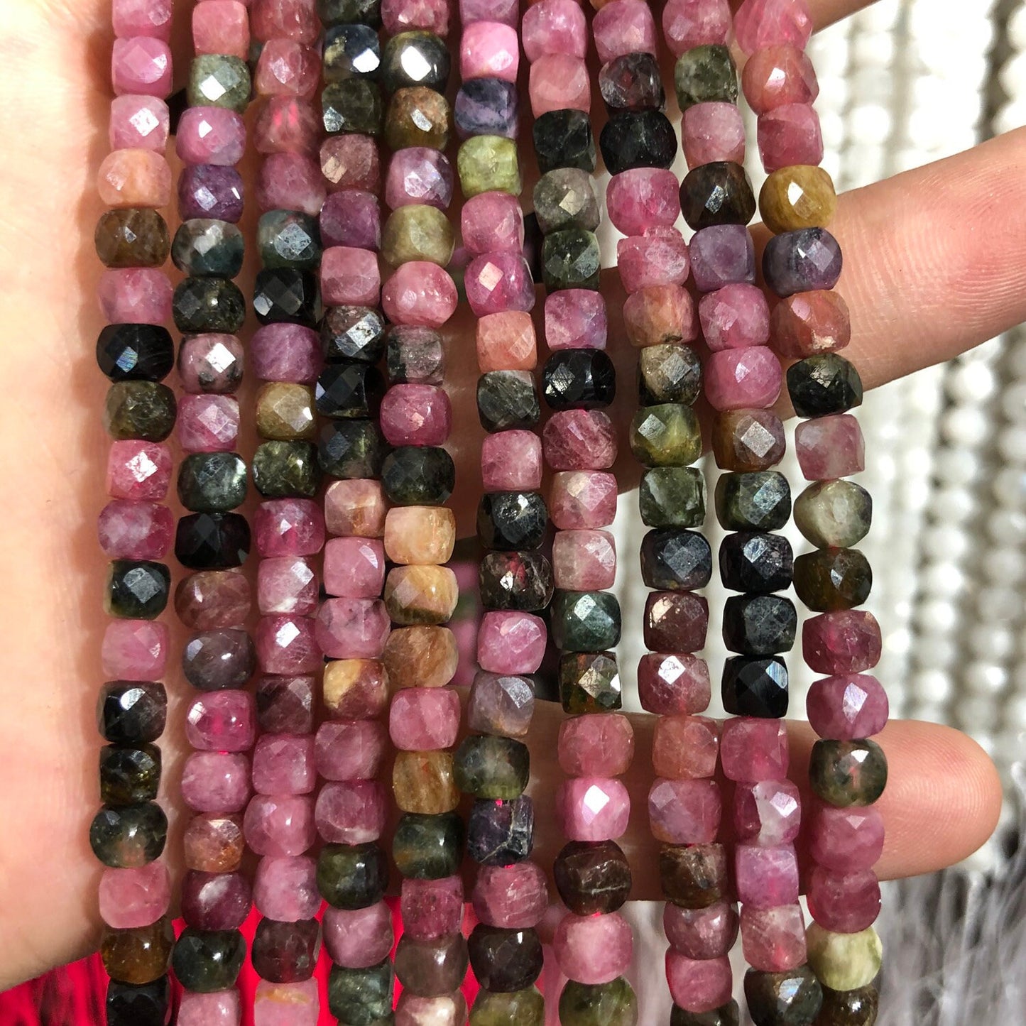 A+ Rainbow Tourmaline Cube Faceted Beads Natural Gemstone Beads  4mm-5mm 15''